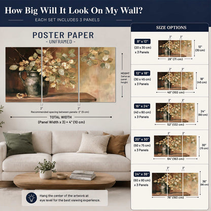 Pale golden blossoms and leaves in a dark green vase on a wooden ledge set of 3 poster prints size guide above a sofa; room view is illustrative