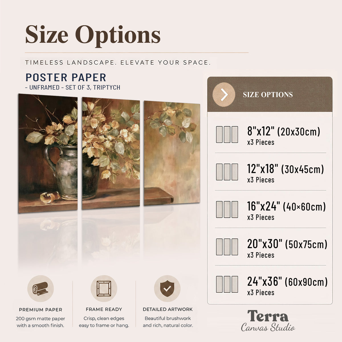 Pale golden blossoms and leaves in a dark green vase on a wooden ledge set of 3 poster prints available dimensions; triptych dimensions are per panel