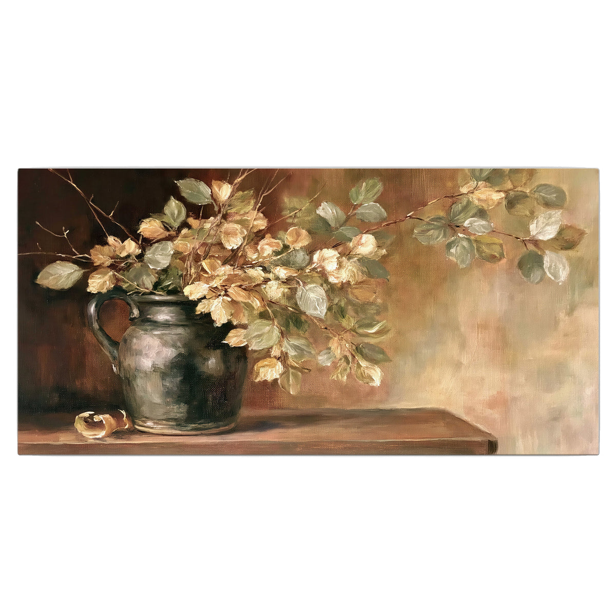 Pale golden blossoms and leaves in a dark green vase on a wooden ledge single canvas wall art viewed straight on