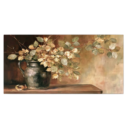 Pale golden blossoms and leaves in a dark green vase on a wooden ledge single canvas wall art viewed straight on