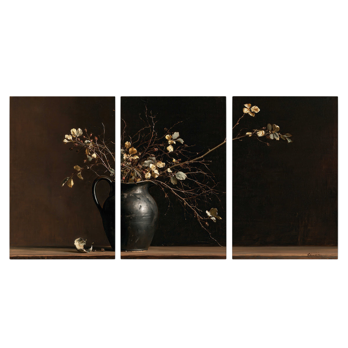 Fine flowering branches in a small dark vase on a wooden table against a deep brown background 3 piece canvas wall art viewed straight on