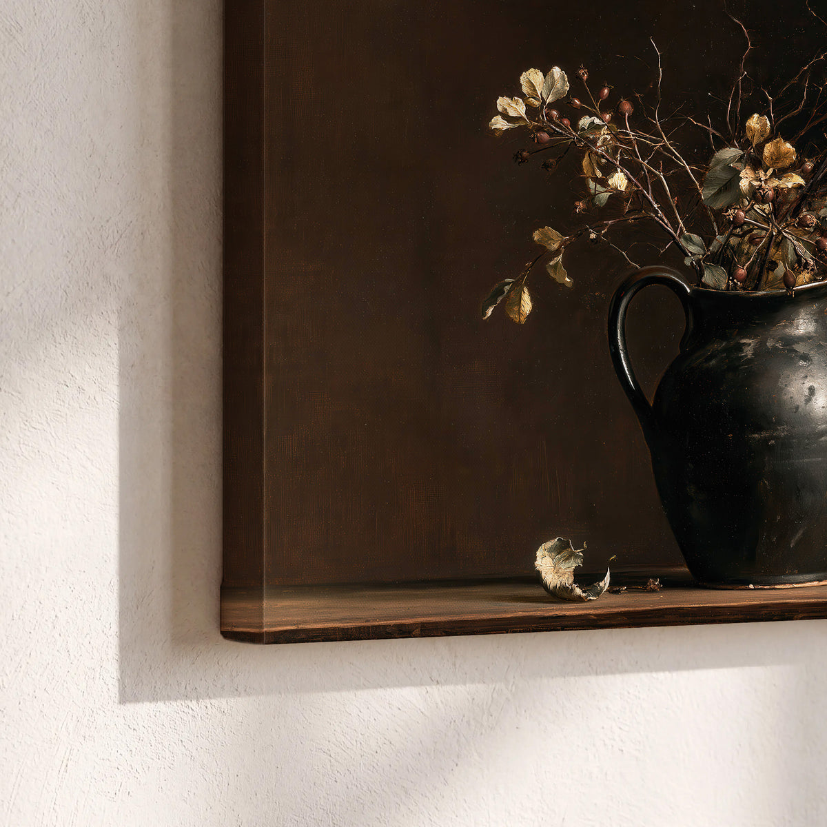 Fine flowering branches in a small dark vase on a wooden table against a deep brown background 3 piece canvas wall art material and edge close up