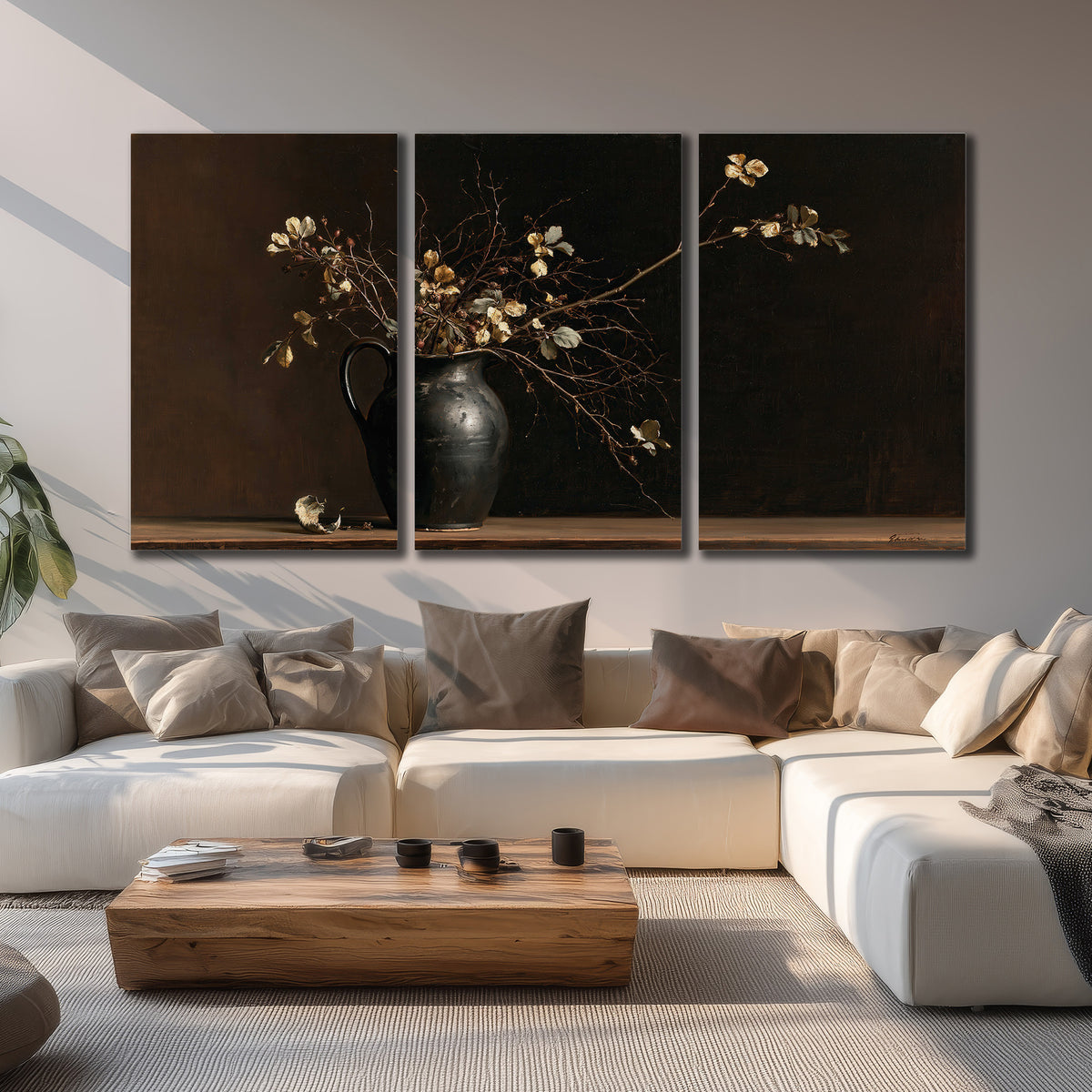 Fine flowering branches in a small dark vase on a wooden table against a deep brown background 3 piece canvas wall art displayed in a living room