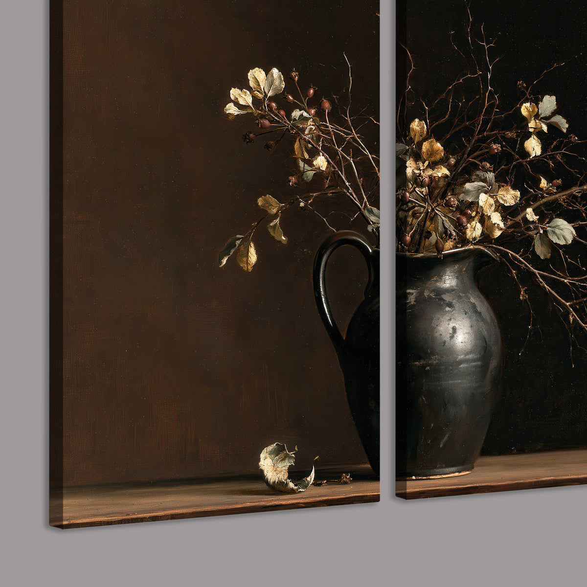 Fine flowering branches in a small dark vase on a wooden table against a deep brown background 3 piece canvas wall art room and product view