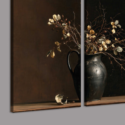Fine flowering branches in a small dark vase on a wooden table against a deep brown background 3 piece canvas wall art room and product view