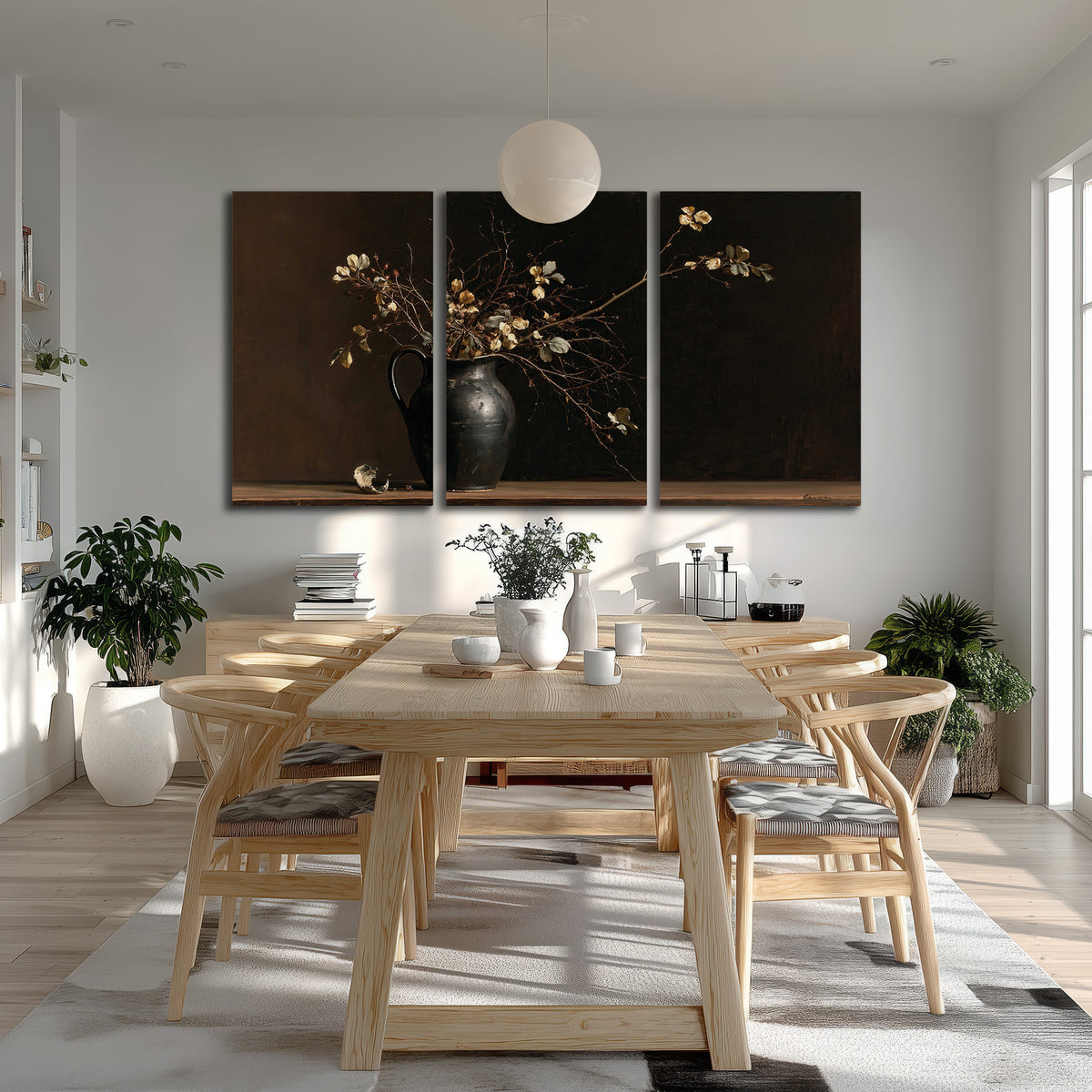 Fine flowering branches in a small dark vase on a wooden table against a deep brown background 3 piece canvas wall art room and product view