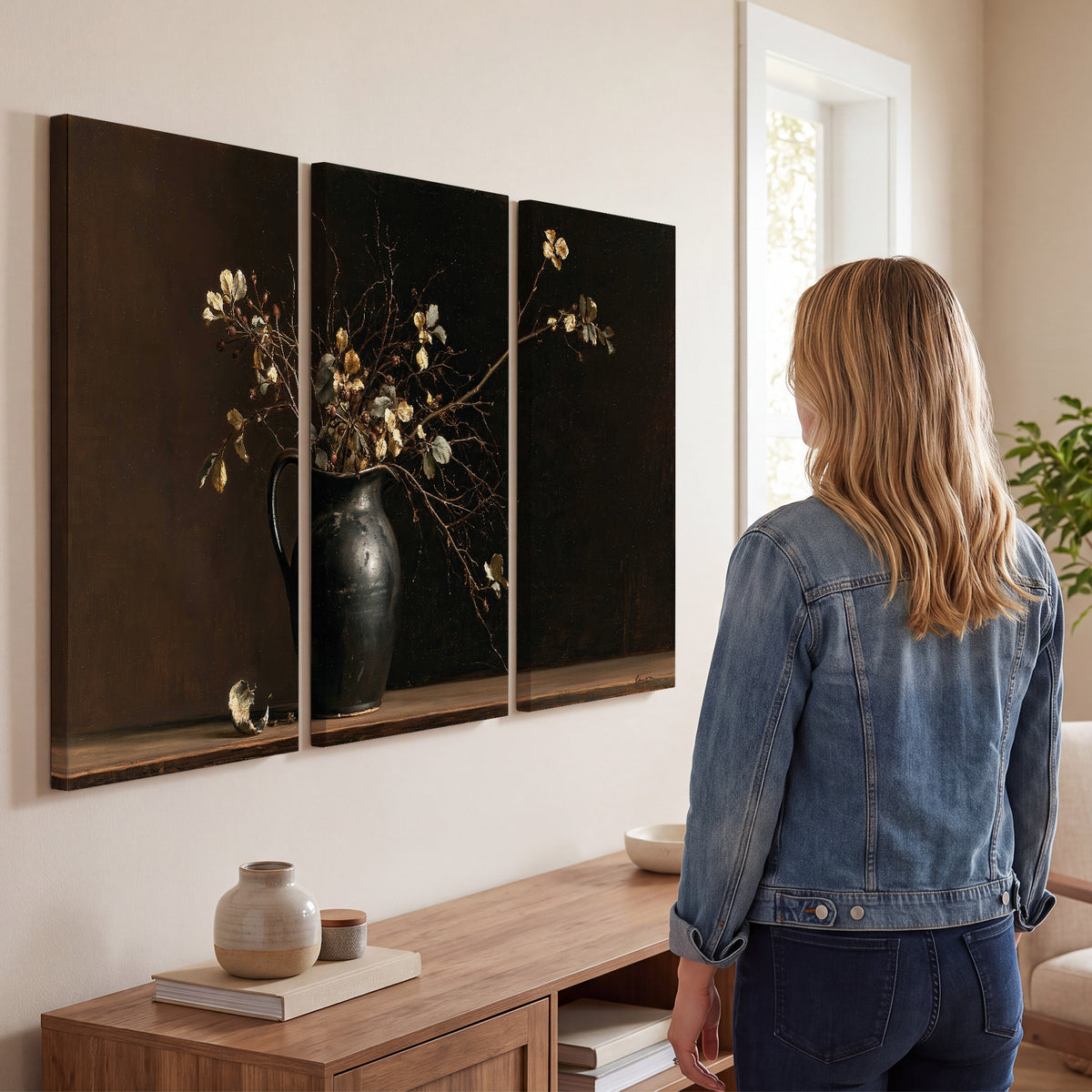 Fine flowering branches in a small dark vase on a wooden table against a deep brown background 3 piece canvas wall art three panel arrangement on a wall