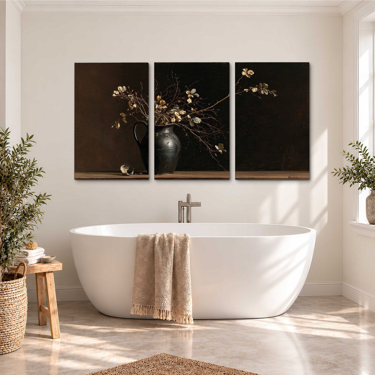 Fine flowering branches in a small dark vase on a wooden table against a deep brown background 3 piece canvas wall art styled in an interior