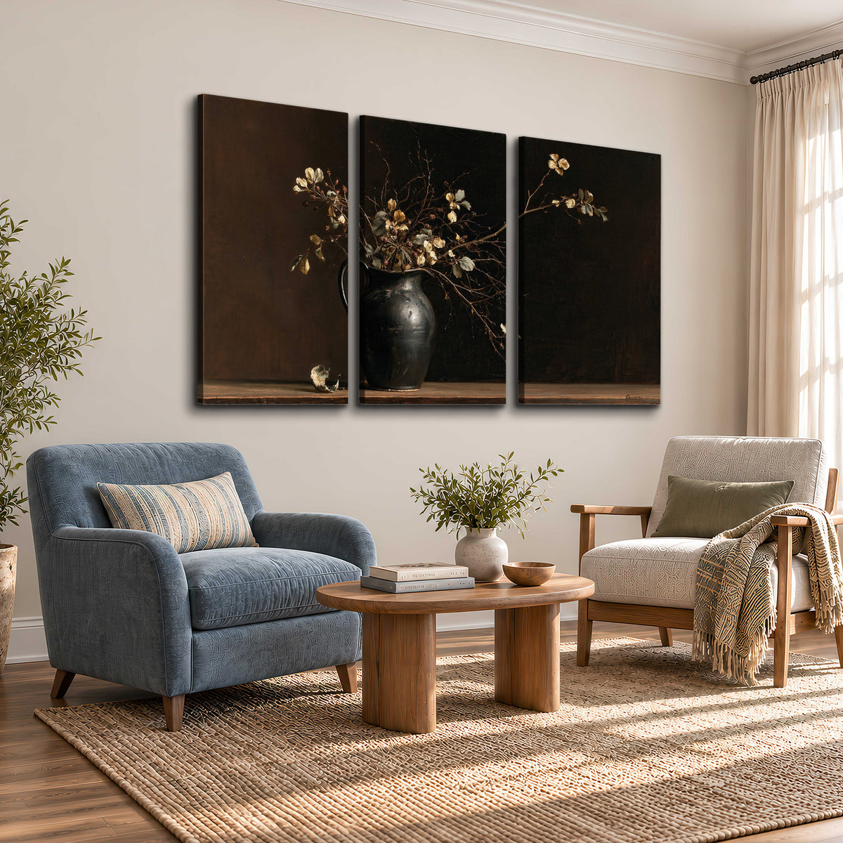Fine flowering branches in a small dark vase on a wooden table against a deep brown background 3 piece canvas wall art styled in an interior