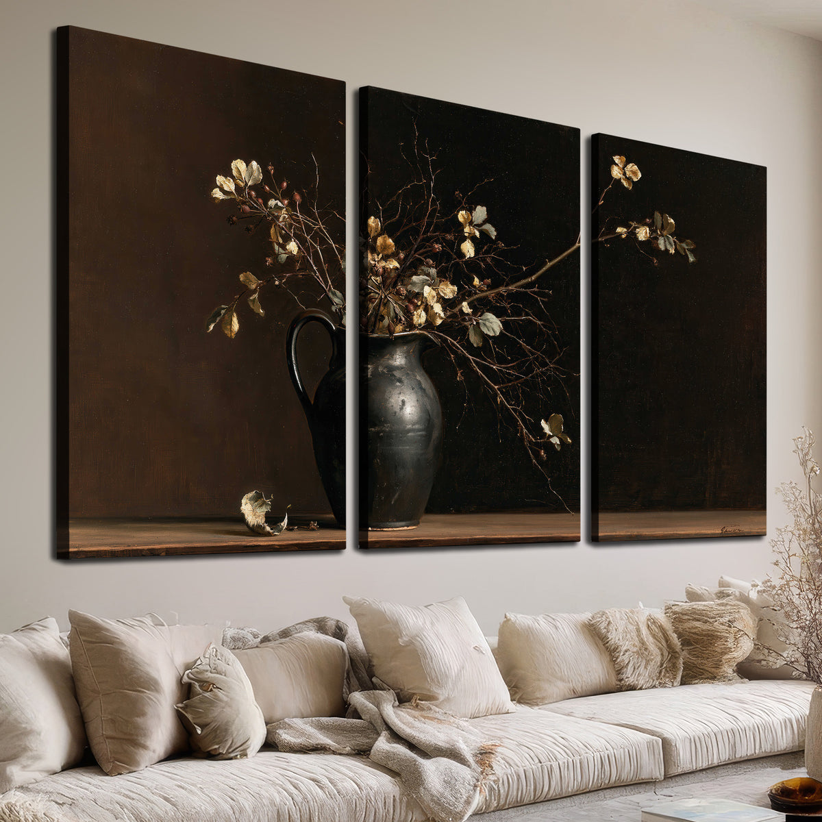Fine flowering branches in a small dark vase on a wooden table against a deep brown background 3 piece canvas wall art room and product view