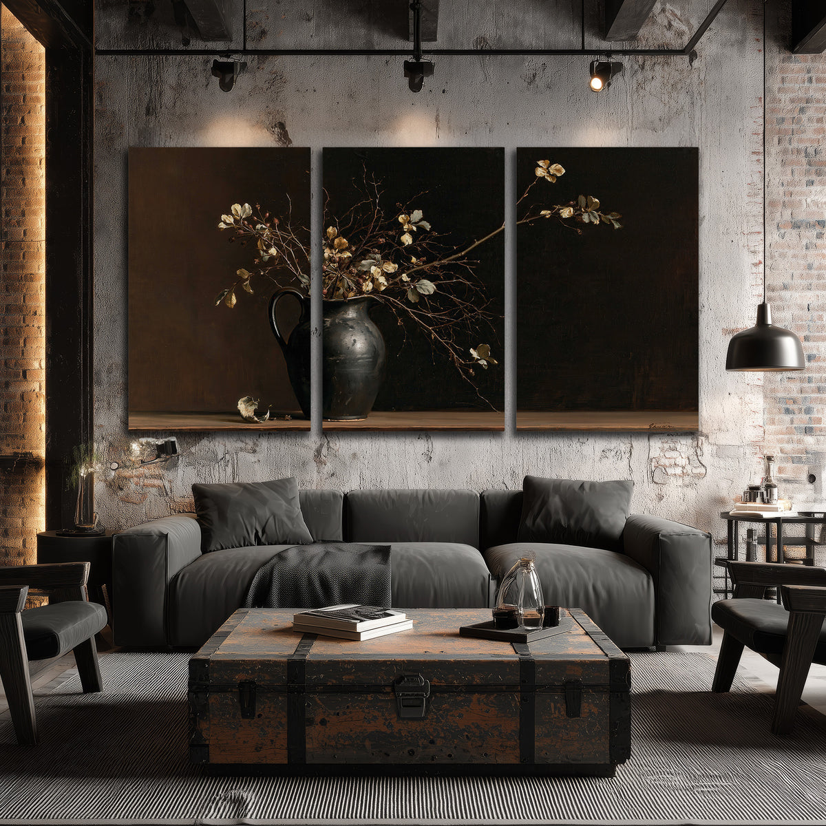 Fine flowering branches in a small dark vase on a wooden table against a deep brown background 3 piece canvas wall art displayed in a industrial room