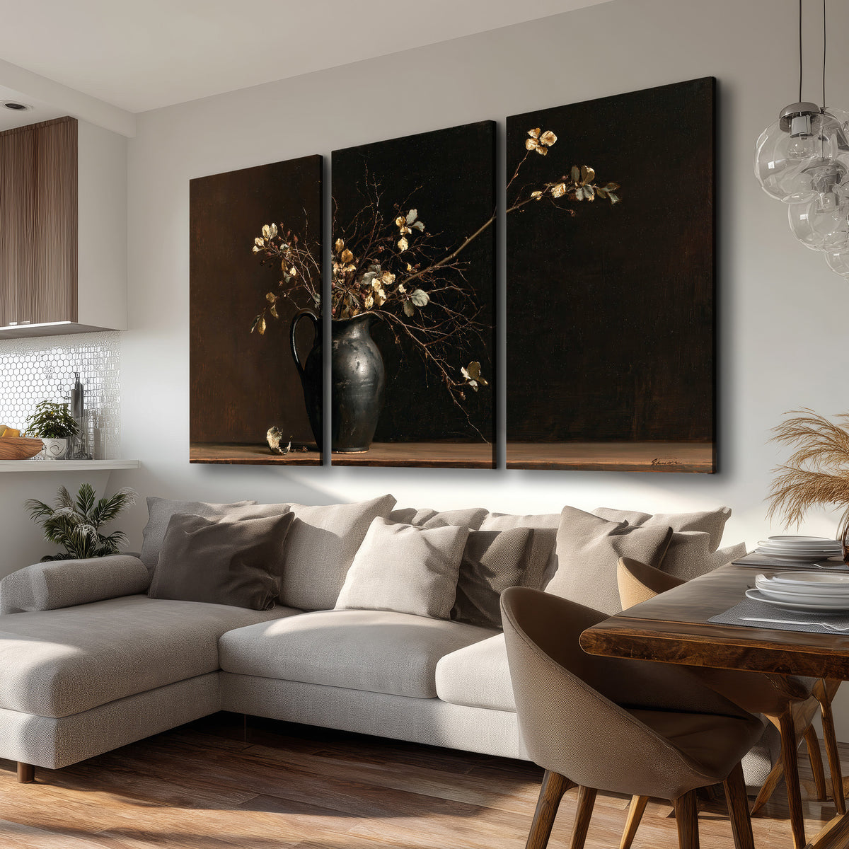 Fine flowering branches in a small dark vase on a wooden table against a deep brown background 3 piece canvas wall art room and product view