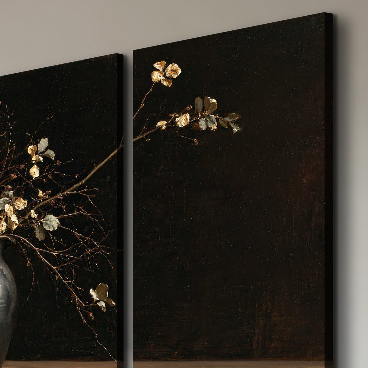 Fine flowering branches in a small dark vase on a wooden table against a deep brown background 3 piece canvas wall art room and product view
