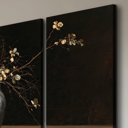 Fine flowering branches in a small dark vase on a wooden table against a deep brown background 3 piece canvas wall art room and product view