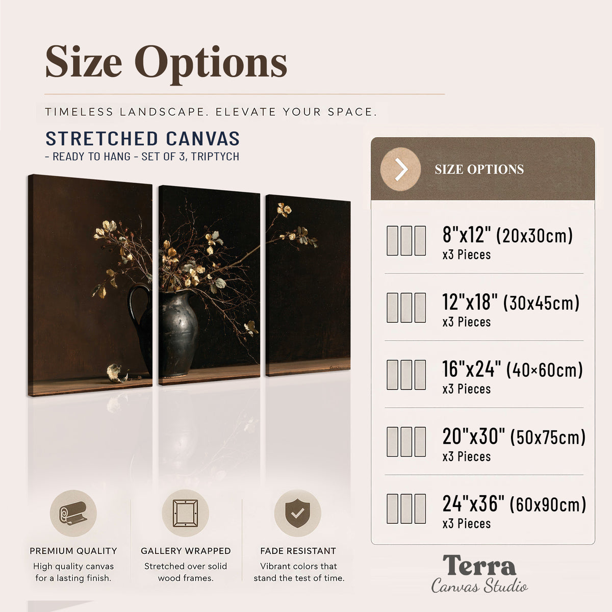 Fine flowering branches in a small dark vase on a wooden table against a deep brown background 3 piece canvas wall art available dimensions; triptych dimensions are per panel