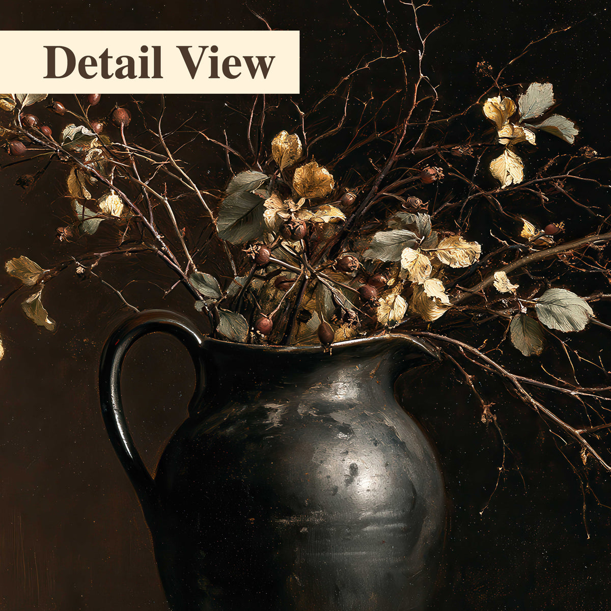 Fine flowering branches in a small dark vase on a wooden table against a deep brown background 3 piece canvas wall art artwork detail close up