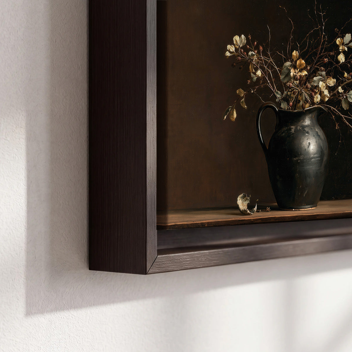 Fine flowering branches in a small dark vase on a wooden table against a deep brown background 3 piece framed canvas wall art material and edge close up