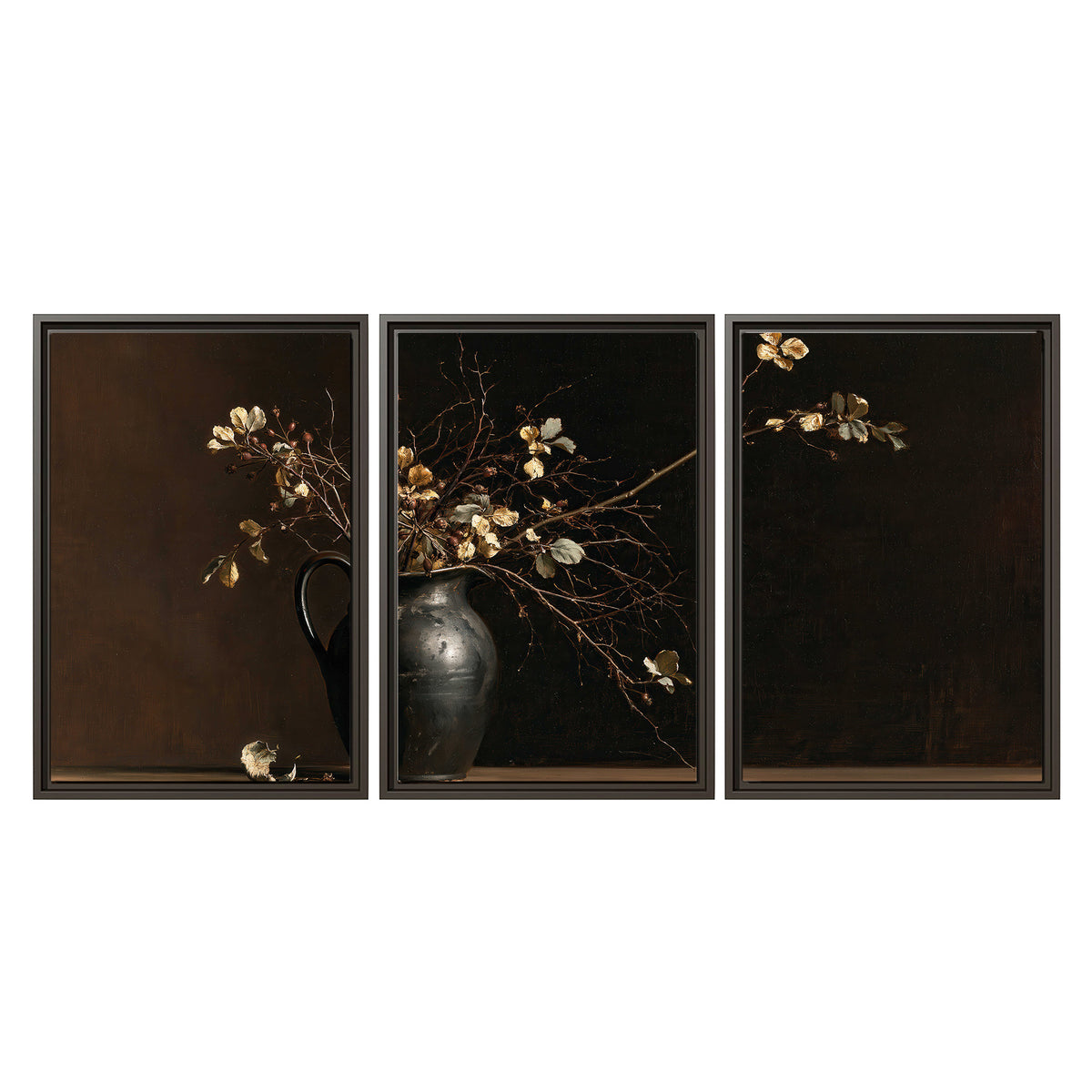 Fine flowering branches in a small dark vase on a wooden table against a deep brown background 3 piece framed canvas wall art viewed straight on
