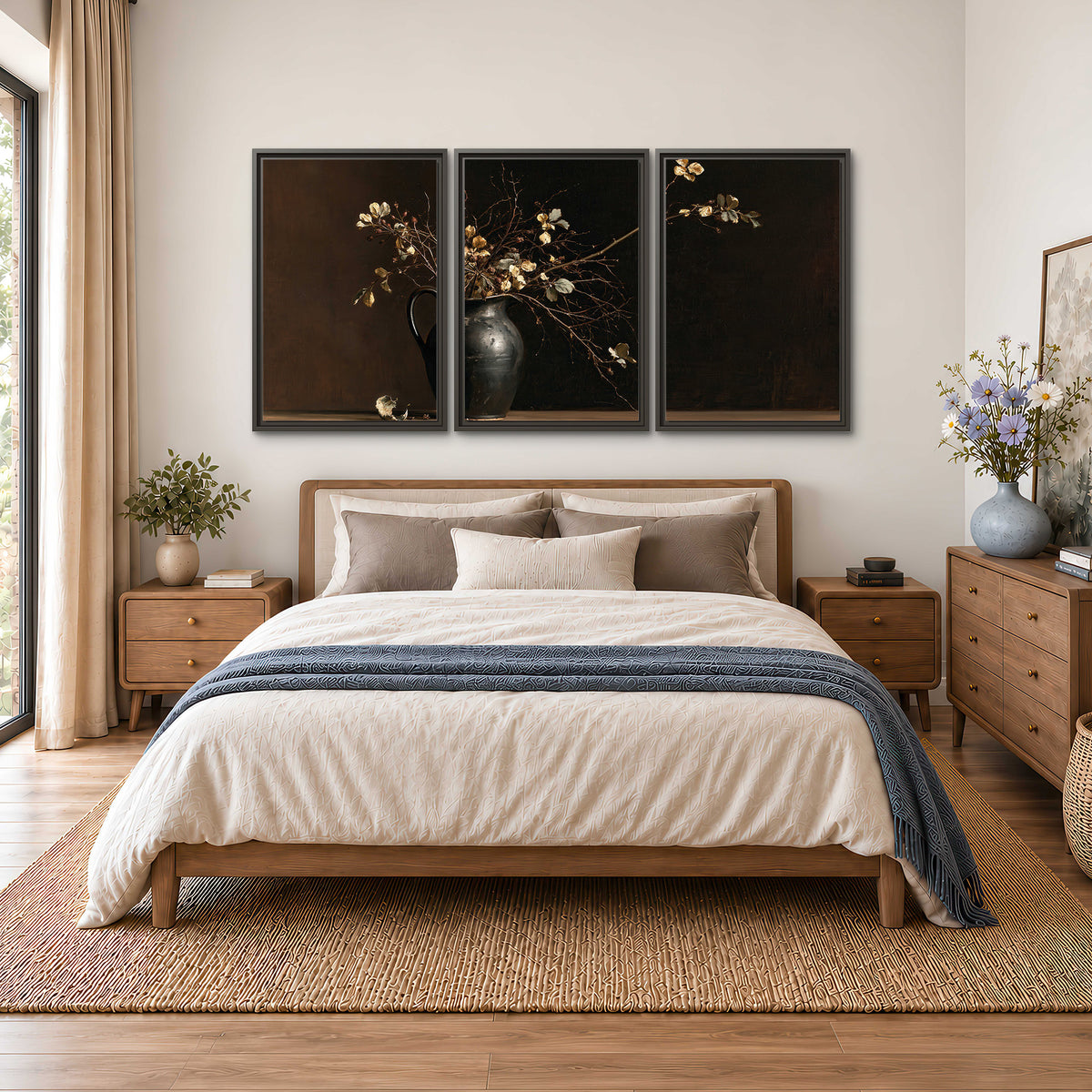 Fine flowering branches in a small dark vase on a wooden table against a deep brown background 3 piece framed canvas wall art styled in an interior