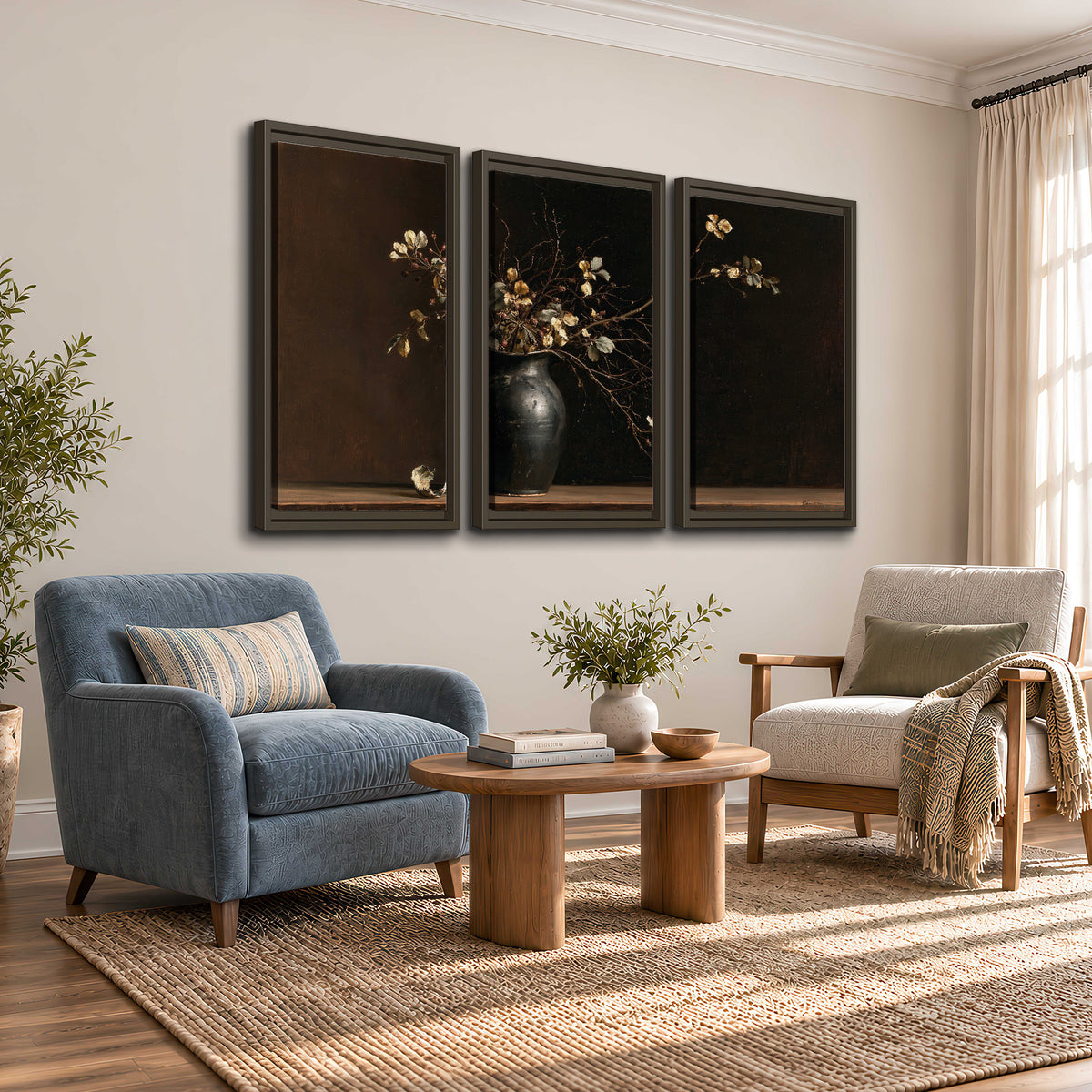 Fine flowering branches in a small dark vase on a wooden table against a deep brown background 3 piece framed canvas wall art styled in an interior