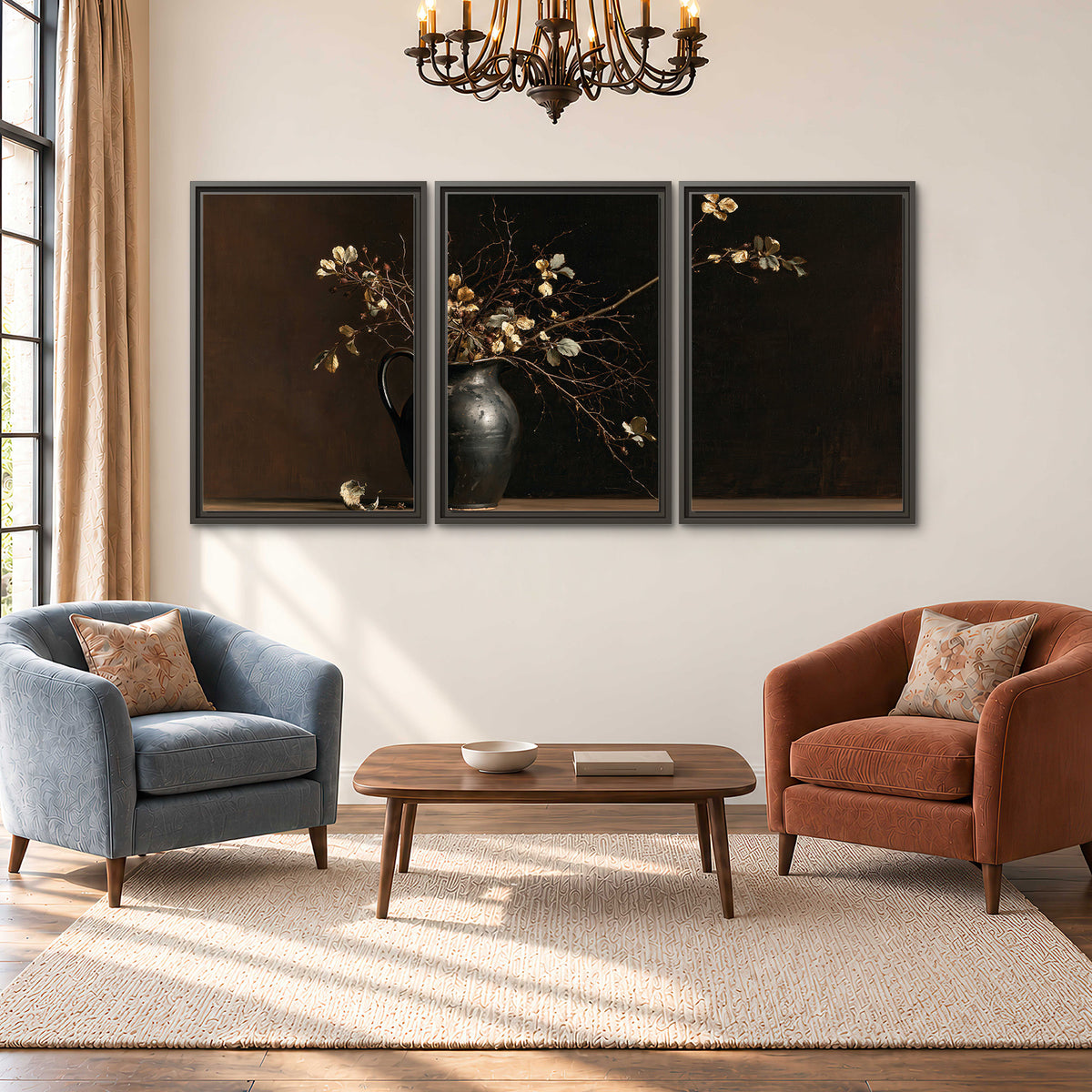 Fine flowering branches in a small dark vase on a wooden table against a deep brown background 3 piece framed canvas wall art styled in an interior