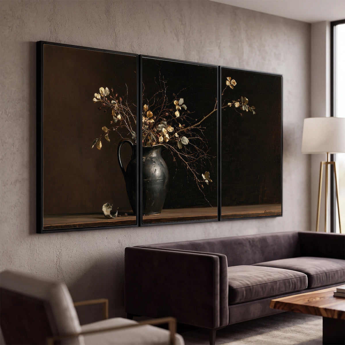 Fine flowering branches in a small dark vase on a wooden table against a deep brown background 3 piece framed canvas wall art displayed in a modern living room