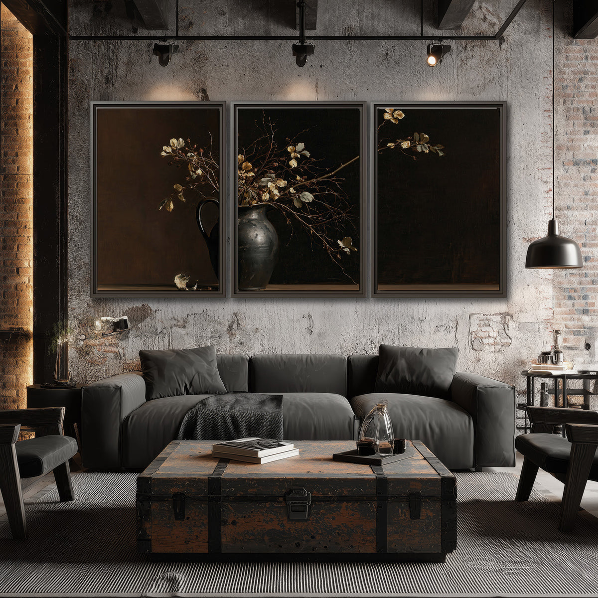 Fine flowering branches in a small dark vase on a wooden table against a deep brown background 3 piece framed canvas wall art displayed in a industrial room