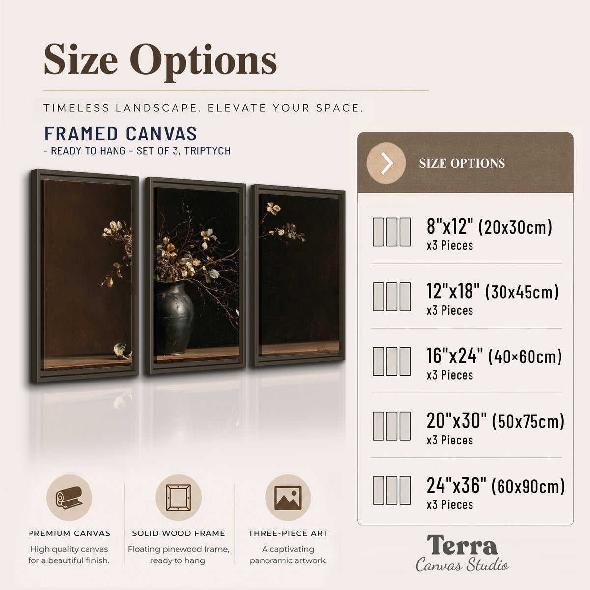 Fine flowering branches in a small dark vase on a wooden table against a deep brown background 3 piece framed canvas wall art available dimensions; triptych dimensions are per panel