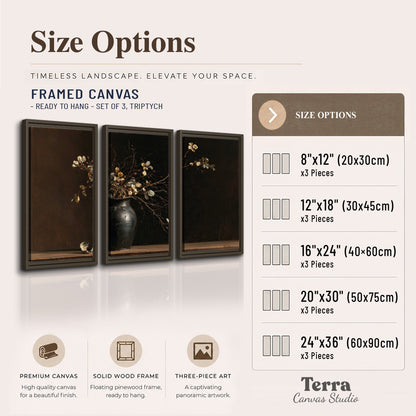 Fine flowering branches in a small dark vase on a wooden table against a deep brown background 3 piece framed canvas wall art available dimensions; triptych dimensions are per panel