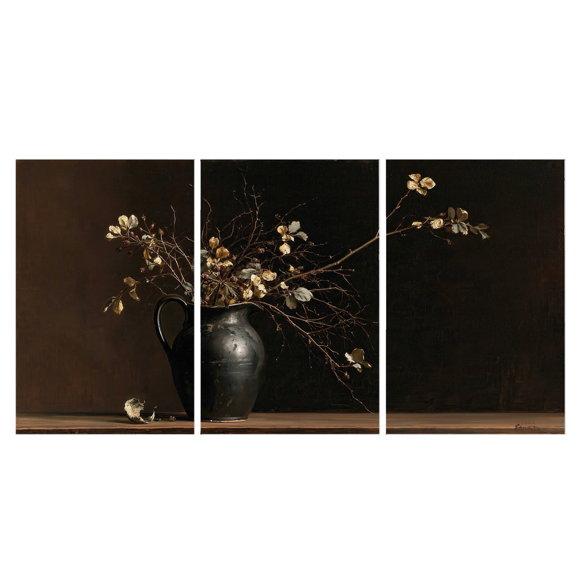 Fine flowering branches in a small dark vase on a wooden table against a deep brown background set of 3 poster prints viewed straight on