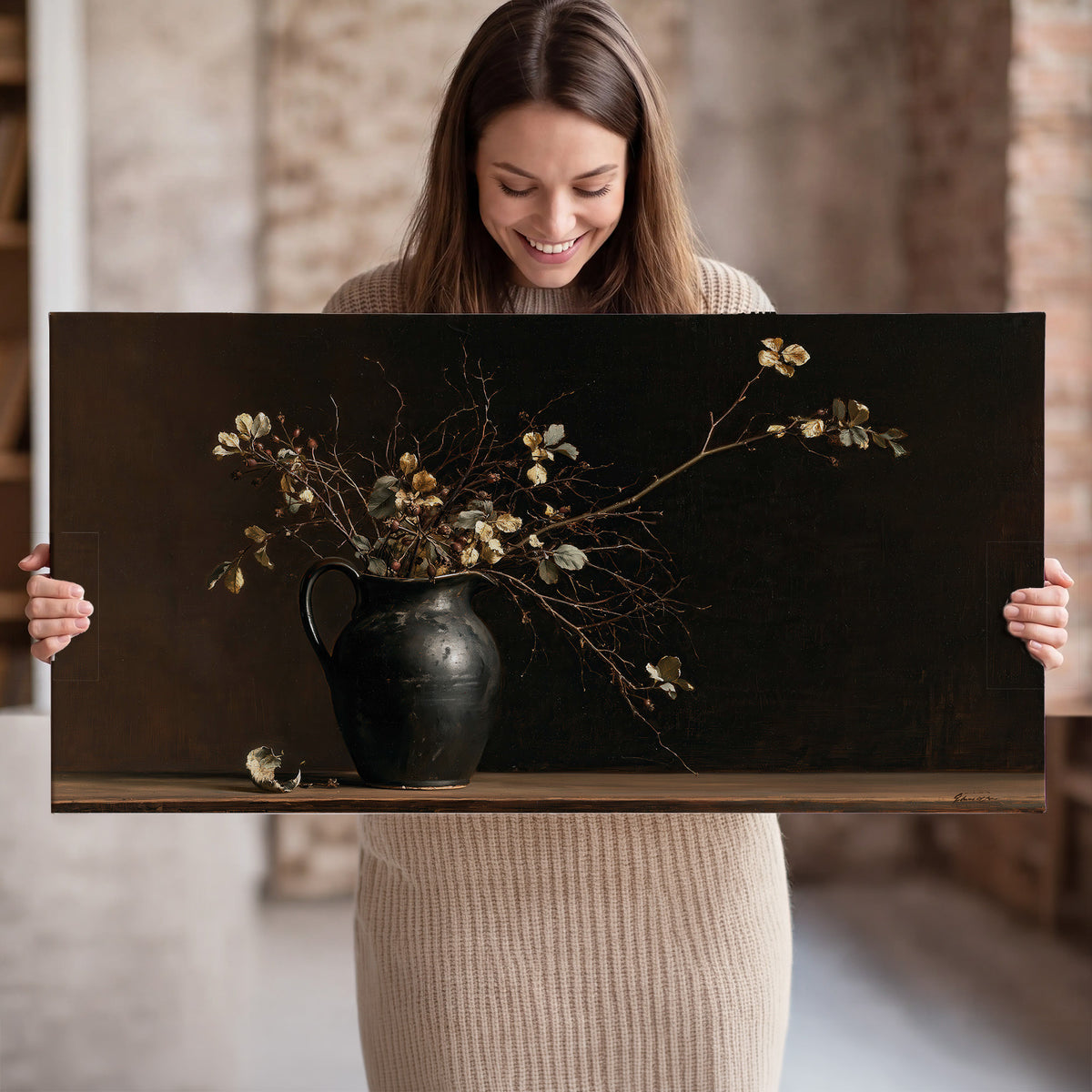 Fine flowering branches in a small dark vase on a wooden table against a deep brown background single canvas wall art held in hands