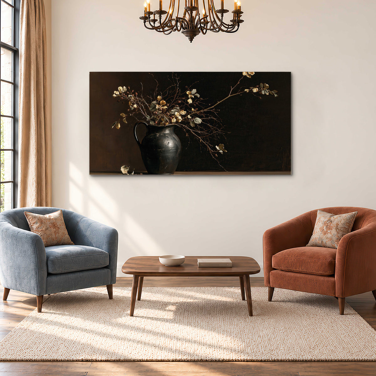 Fine flowering branches in a small dark vase on a wooden table against a deep brown background single canvas wall art styled in an interior