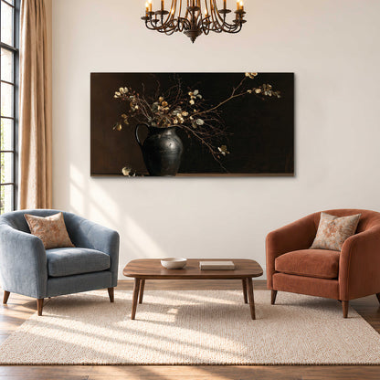 Fine flowering branches in a small dark vase on a wooden table against a deep brown background single canvas wall art styled in an interior