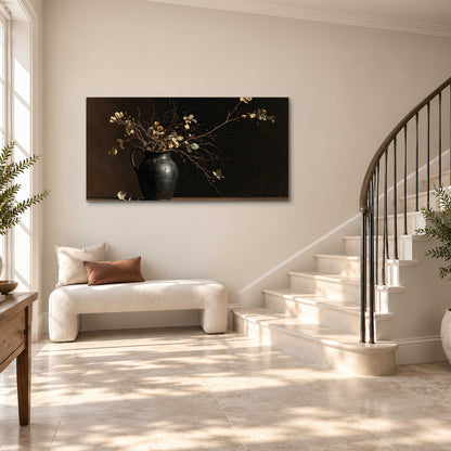 Fine flowering branches in a small dark vase on a wooden table against a deep brown background single canvas wall art styled in an interior