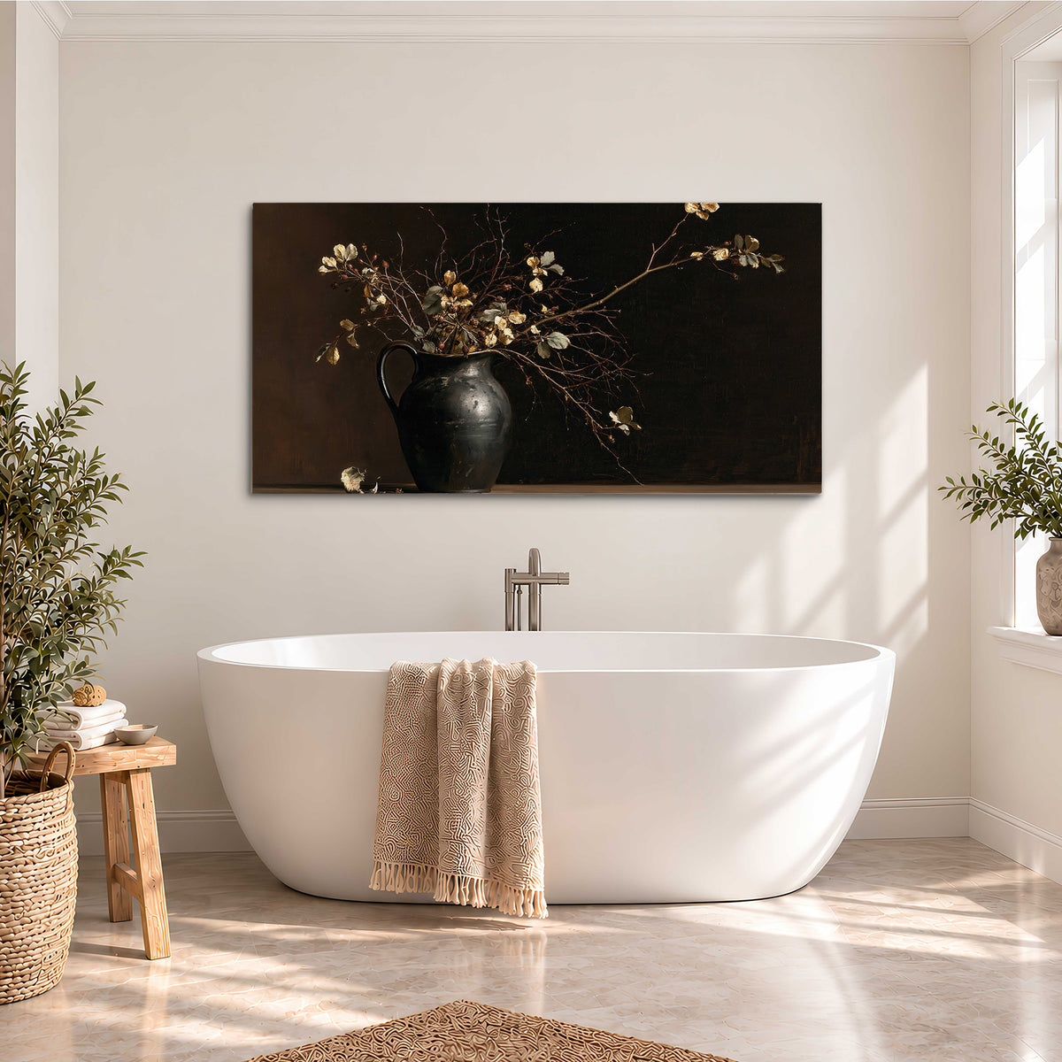 Fine flowering branches in a small dark vase on a wooden table against a deep brown background single canvas wall art styled in an interior