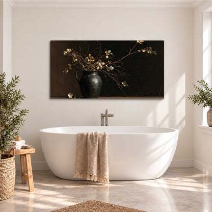 Fine flowering branches in a small dark vase on a wooden table against a deep brown background single canvas wall art styled in an interior