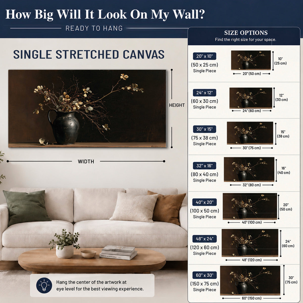 Fine flowering branches in a small dark vase on a wooden table against a deep brown background single canvas wall art size guide above a sofa; room view is illustrative