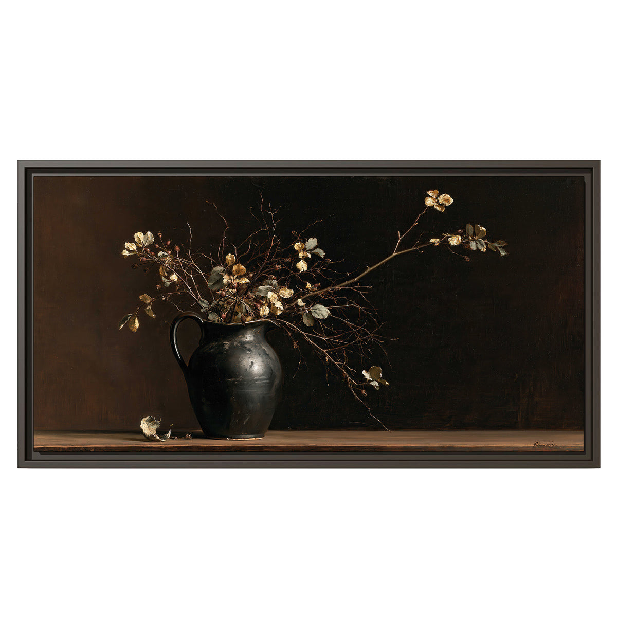 Fine flowering branches in a small dark vase on a wooden table against a deep brown background single framed canvas wall art viewed straight on