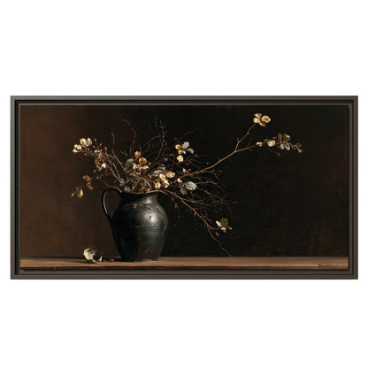 Fine flowering branches in a small dark vase on a wooden table against a deep brown background single framed canvas wall art viewed straight on