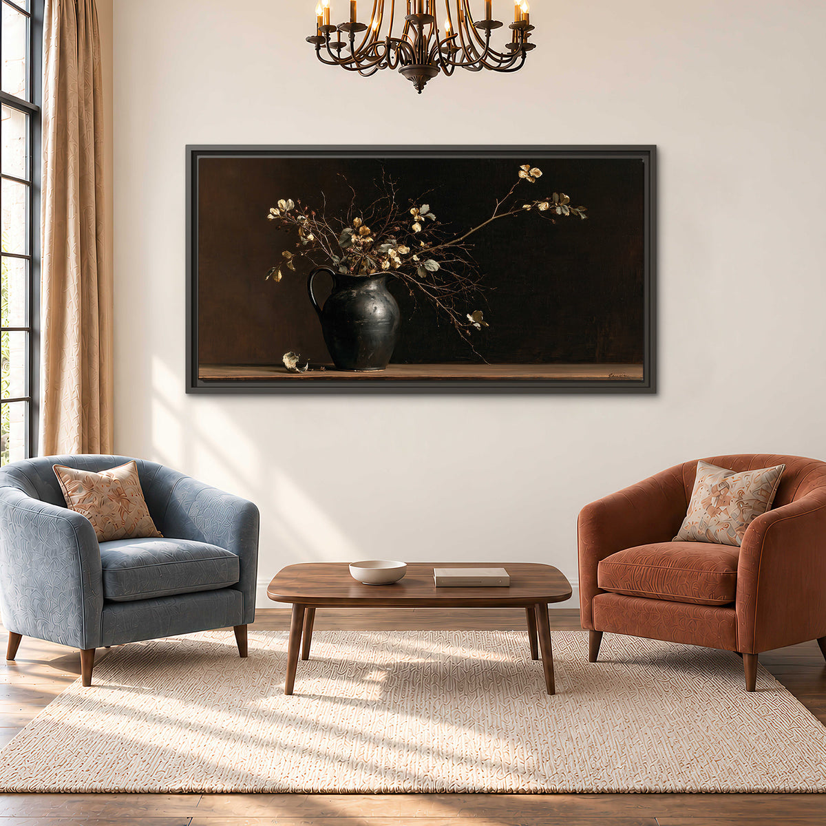 Fine flowering branches in a small dark vase on a wooden table against a deep brown background single framed canvas wall art styled in an interior