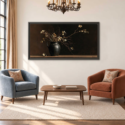 Fine flowering branches in a small dark vase on a wooden table against a deep brown background single framed canvas wall art styled in an interior