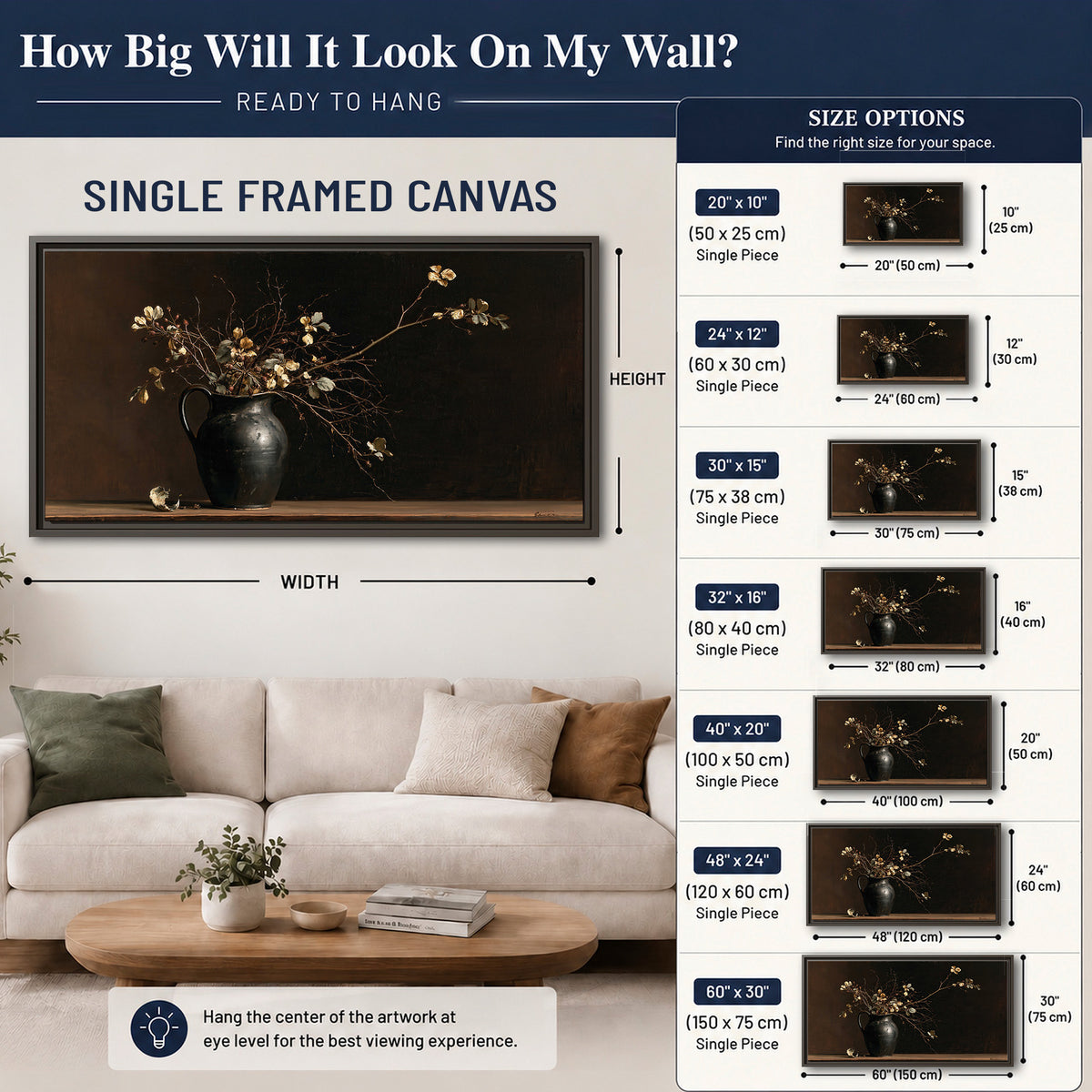 Fine flowering branches in a small dark vase on a wooden table against a deep brown background single framed canvas wall art size guide above a sofa; room view is illustrative