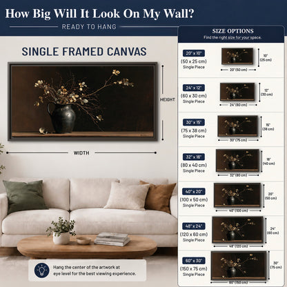 Fine flowering branches in a small dark vase on a wooden table against a deep brown background single framed canvas wall art size guide above a sofa; room view is illustrative