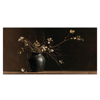 Fine flowering branches in a small dark vase on a wooden table against a deep brown background single poster print viewed straight on