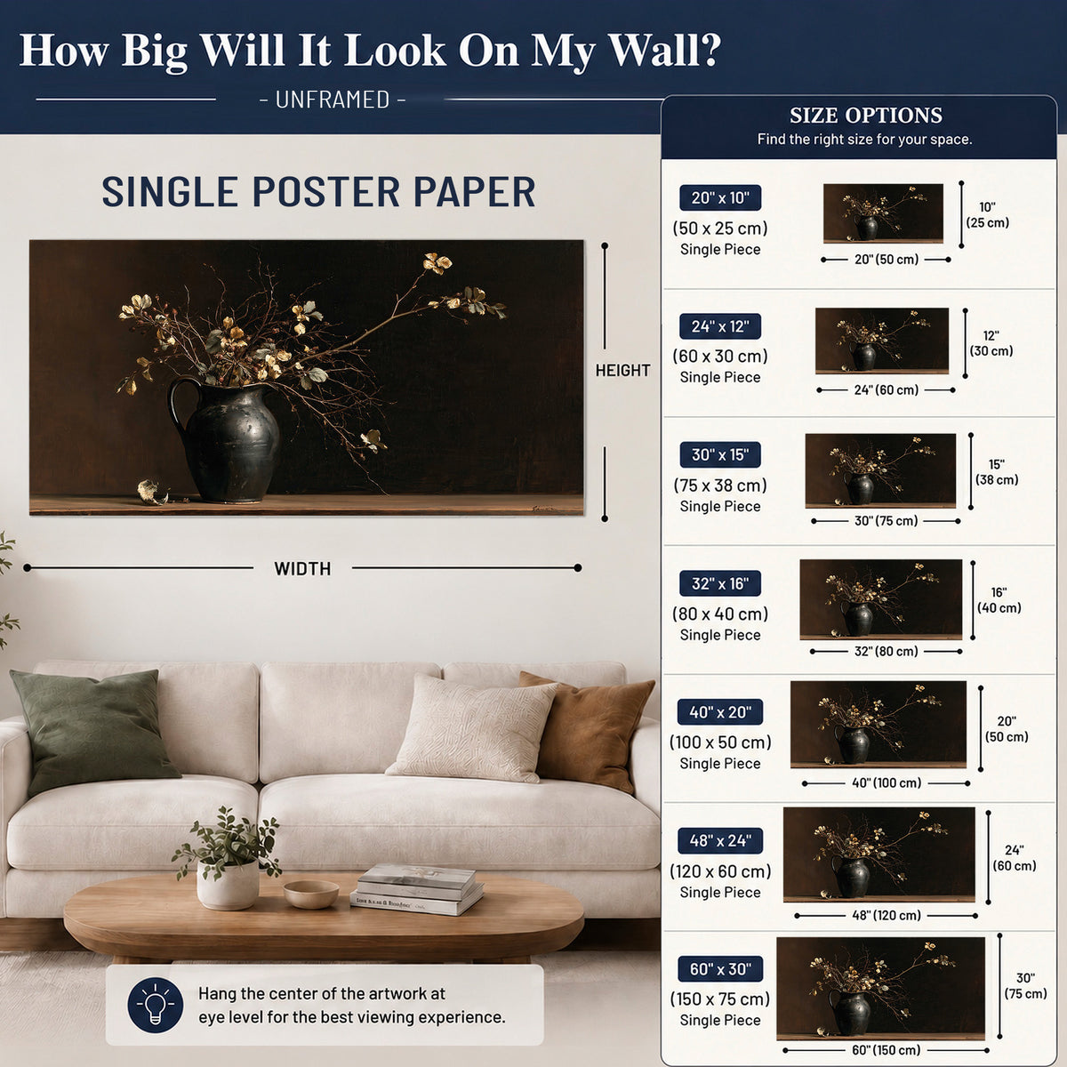 Fine flowering branches in a small dark vase on a wooden table against a deep brown background single poster print size guide above a sofa; room view is illustrative