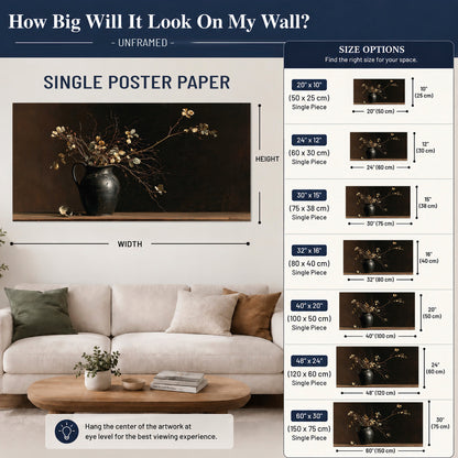 Fine flowering branches in a small dark vase on a wooden table against a deep brown background single poster print size guide above a sofa; room view is illustrative
