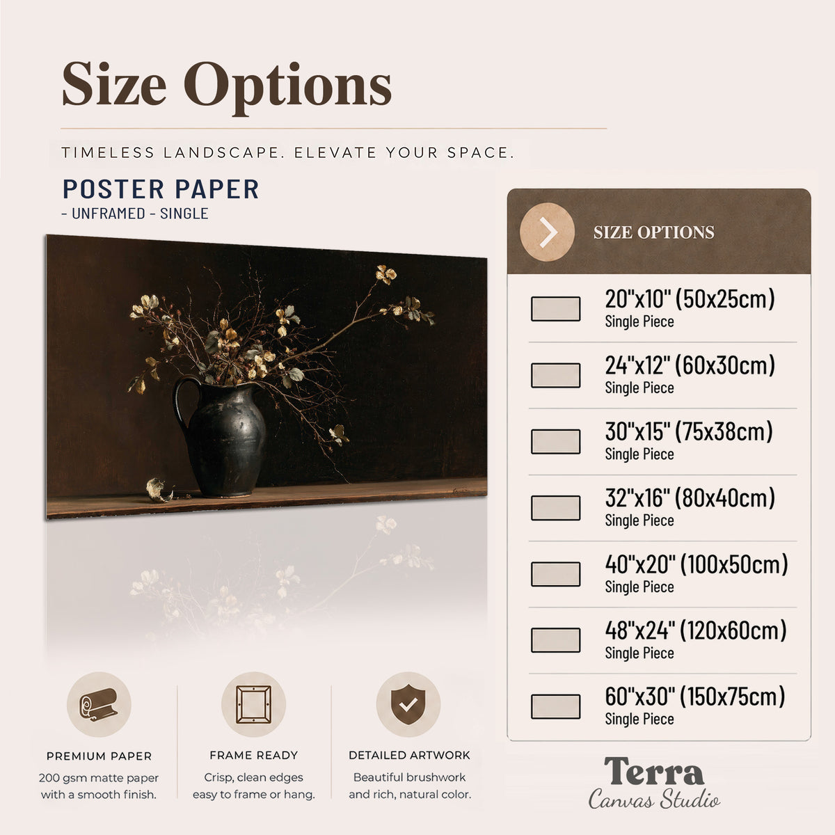 Fine flowering branches in a small dark vase on a wooden table against a deep brown background single poster print available dimensions