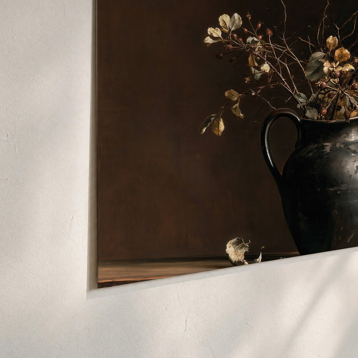 Fine flowering branches in a small dark vase on a wooden table against a deep brown background set of 3 poster prints material and edge close up