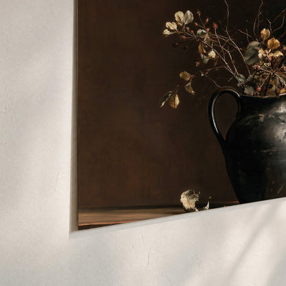 Fine flowering branches in a small dark vase on a wooden table against a deep brown background set of 3 poster prints material and edge close up
