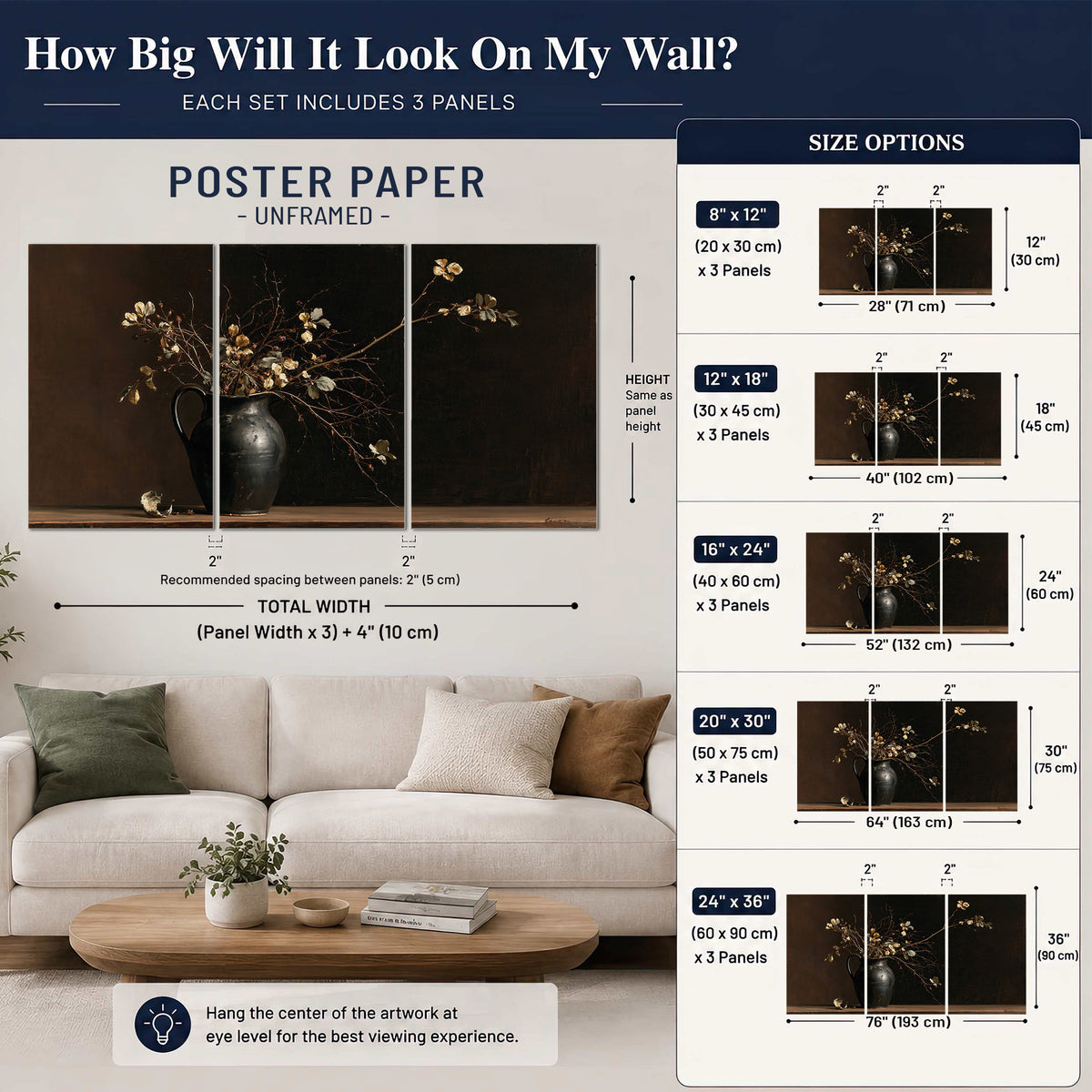 Fine flowering branches in a small dark vase on a wooden table against a deep brown background set of 3 poster prints size guide above a sofa; room view is illustrative